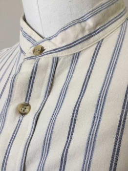 FRIDAYS, Cream, Slate Blue, Lt Blue, Cotton, Stripes - Vertical , Cream with Slate Blue and Light Blue Stripes, Long Sleeve Button Front, Band Collar,  1 Pocket, Button Cuffs, Tortoise Shell Buttons, Contemporary Shirt That's Been Re-Worked to Be Turn of the Century Looking