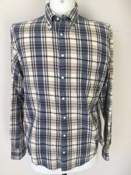 GANT, Cream, Navy Blue, Lt Pink, Black, Cotton, Plaid, Button Front, Long Sleeves, Collar Attached, Button Down Collar, 1 Pocket