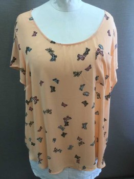 Womens, Top, TORRID, Peachy Pink, Black, Pink, Sage Green, White, Polyester, Novelty Pattern, 4X, Peach with Novelty Butterfly Pattern, Crepe, Cap Sleeve, Scoop Neck, 1 Pocket, Buttons Down Center Back