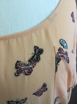 TORRID, Peachy Pink, Black, Pink, Sage Green, White, Polyester, Novelty Pattern, Peach with Novelty Butterfly Pattern, Crepe, Cap Sleeve, Scoop Neck, 1 Pocket, Buttons Down Center Back