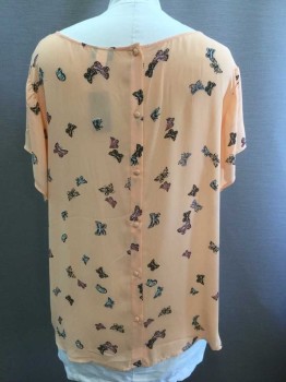 Womens, Top, TORRID, Peachy Pink, Black, Pink, Sage Green, White, Polyester, Novelty Pattern, 4X, Peach with Novelty Butterfly Pattern, Crepe, Cap Sleeve, Scoop Neck, 1 Pocket, Buttons Down Center Back