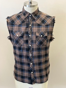 DICKIES, Brown, Black, Blue, Cotton, Plaid, Flannel, C.A., Snap Front, Raw Cutoff Sleeves, Western Yoke, 2 Flap Snap Pockets