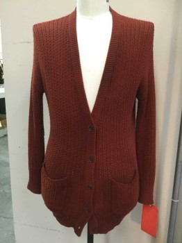 Mens, Cardigan Sweater, N/L, Rust Orange, Cotton, Solid, XL, V-neck, Cardigan, 2 Pocket, Aged/Distressed,