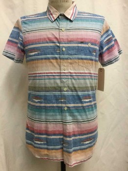OBEY, Pink, Multi-color, Cotton, Stripes, Novelty Pattern, Multi Color Stripe & Novelty Print, Button Front, Collar Attached, Short Sleeves, 1 Pocket,
