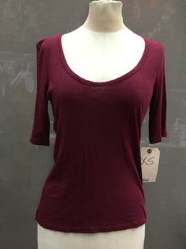Womens, Top, J CREW, Cranberry Red, Cotton, Solid, XS, Scoop Neck, 1/2 Sleeves