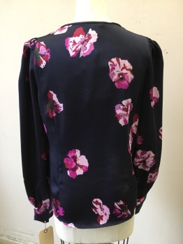 JOIE, Midnight Blue, Red Burgundy, Pink, Lilac Purple, Purple, Polyester, Floral, Puffy Long Sleeves, Gathered at Shoulders, Button Front,