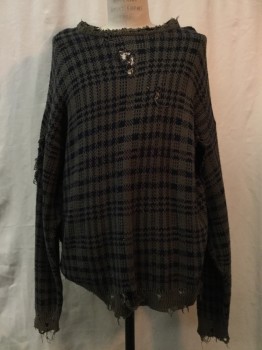 Mens, Pullover Sweater, TRADER BAY, Black, Cotton, Plaid, L, Olive/ Black Plaid, Round Neck, Aged/Distressed,