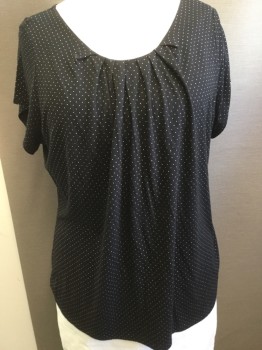 WORTHINGTON, Black, Gold, Rayon, Polyester, Pin Dot, Pleated Scoop Neck, Short Sleeves, Pullover