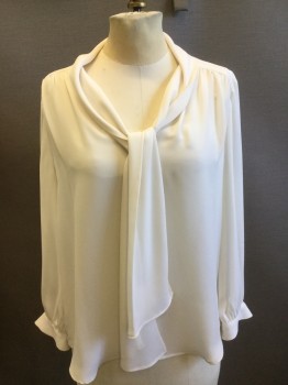 BANANA REPUBLIC, Off White, Polyester, Solid, Crepe, V-neck with Attached Scarf, Long Sleeves,