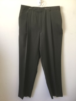PIERRE CARDIN, Dk Olive Grn, Polyester, Rayon, Solid, Single Pleated, Button Tab Waist, Zip Fly, 4 Pockets, Relaxed Leg, 90's/00's