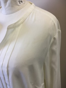 JONES NY, Cream, Polyester, Solid, Poly Silk, Pleated Center Front, V-neck, Grosgrain Band Collar, Long Sleeves, Slight Discoloration Left Shoulder