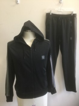 Mens, Sweatsuit Jacket, BELSTAFF, Black, Gray, White, Cotton, Polyester, Solid, L, Black with Gray and White Stripe at Shoulders/Outer Sleeve, Zip Front, Hooded, 2 Zip Pockets