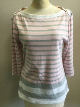 Womens, Top, TOMMY HILFIGER, Pink, White, Heather Gray, Cotton, Stripes - Horizontal , M, Pull Over, Boat Neck, Gold Buttons on Shoulders, 3/4 Sleeve