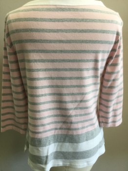 Womens, Top, TOMMY HILFIGER, Pink, White, Heather Gray, Cotton, Stripes - Horizontal , M, Pull Over, Boat Neck, Gold Buttons on Shoulders, 3/4 Sleeve