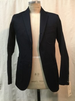 G STAR RAW, Navy Blue, Cotton, Solid, Navy, Notched Lapel, Collar Attached, 3 Pockets,