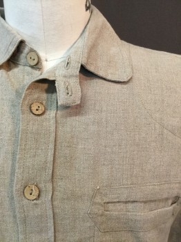 Mens, Historical Fiction Shirt, MTO, Khaki Brown, Linen, Cotton, Solid, 34, 16, Pull On,  4 Wooden Button Front, 2 Pockets, Yoke Back, Long Sleeves with Button Cuffs, Over Lock Stitches Hem