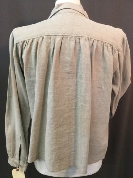 MTO, Khaki Brown, Linen, Cotton, Solid, Pull On,  4 Wooden Button Front, 2 Pockets, Yoke Back, Long Sleeves with Button Cuffs, Over Lock Stitches Hem