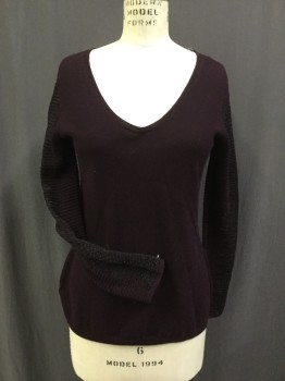 Womens, Pullover, GERARD DAREL, Maroon Red, Black, Wool, Acrylic, Solid, Stripes - Horizontal , S, Scoopy Soft V-neck, Sheer Stripe Sleeves