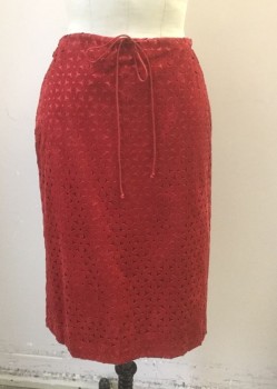 Womens, Skirt, Knee Length, BETSEY JOHNSON, Red, Polyester, Cotton, Geometric, S, Faux Suede, with Starburst Triangles and Circles Cutouts Over Red Satin Underlayer, Straight Fit Skirt, Drawstring Waist