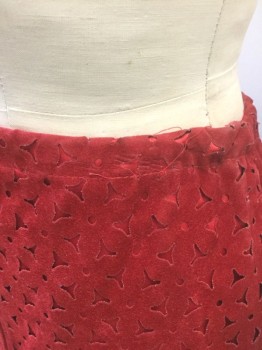 Womens, Skirt, Knee Length, BETSEY JOHNSON, Red, Polyester, Cotton, Geometric, S, Faux Suede, with Starburst Triangles and Circles Cutouts Over Red Satin Underlayer, Straight Fit Skirt, Drawstring Waist