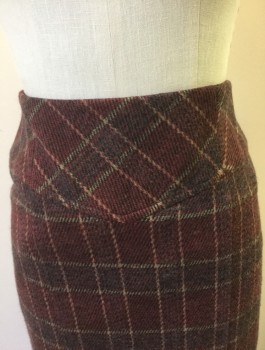 Womens, Skirt, Knee Length, NANETTE LEPORE, Red Burgundy, Dk Gray, Taupe, Wool, Plaid-  Windowpane, Sz.2, V Shaped Yoke at Waist, Pencil Skirt, Box Pleats at Center Back Hem with Horizontal Strap with Button Detail, Invisible Zipper at Center Back