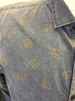 DENIM SUPPLY, Denim Blue, Brown, Cotton, Medallion Pattern, Faded Denim Color, Brown/gray Medallions, Button Front, Collar Attached, Long Sleeves, 1 Pocket