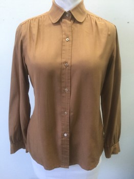 PATOUCHE/INSIGHTS, Caramel Brown, Silk, Solid, Long Sleeve Button Front, Peter Pan Collar Attached, Gathered at Shoulder Seams,