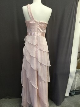 ADRIANNA PAPELL, Blush Pink, Polyester, Solid, Poly Chiffon, One Strap Shoulder W/pleated Detail, Satin Waist Ribbon, Draped Ruffed Skirt Detail