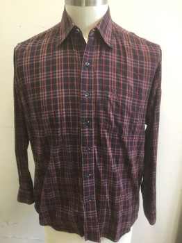BURBERRYS, Black, Dusty Rose Pink, Red, Cotton, Plaid, Black with Dark Dusty Rose and Red Plaid, Flannel, Long Sleeve Button Front, Collar Attached, Button Down Collar, 1 Pocket **Missing Buttons for Collar