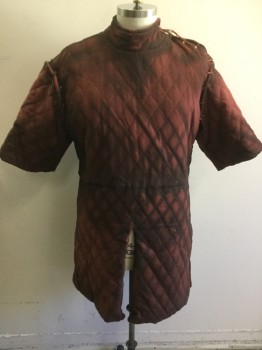 N/L, Dusty Red, Cotton, Solid, Under Armor Padding, Quilted Diamond Stitching, Stand Collar, Lace on Short Sleeves, Brown Leather Thong Lacing at Left Side and Left Shoulder Seam, Knee Length Tunic with Slits/Vents, Made To Order, Aged/Distressed, Modeled on a 44 and Very Snug, Doubles,