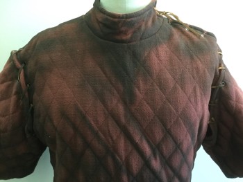 Mens, Historical Fiction Tunic, N/L, Dusty Red, Cotton, Solid, C40-42, Under Armor Padding, Quilted Diamond Stitching, Stand Collar, Lace on Short Sleeves, Brown Leather Thong Lacing at Left Side and Left Shoulder Seam, Knee Length Tunic with Slits/Vents, Made To Order, Aged/Distressed, Modeled on a 44 and Very Snug, Doubles,