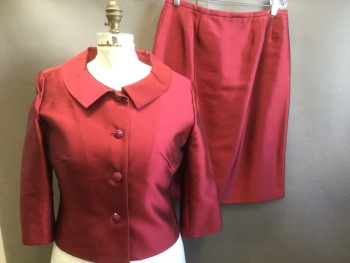 OLIVER YATES, Red, Acetate, Solid, 4 Buttons, 3/4 Sleeves, Collar Attached, Iridescent,