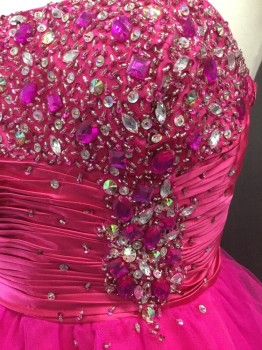 Womens, Cocktail Dress, LET'S, Hot Pink, Silver, Polyester, Zig-Zag , W28, B36, Strapless, Rhinestone And Bead Encrusted Bust, Pleated Waistband, Overlocked Hem On Tulle Skirt, Zip Back, Lined, Double, Girl Group, Back Up Singers