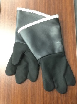 Unisex, Gloves, MARYLEN, Black, Polyurethane, Polyester, Solid, O/S, KNIGHT:  Black Gloves, 4 Finger, Pleather Attached Gauntlets with Silver Braided Trim