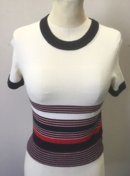RAG & BONE, Cream, Navy Blue, Red, Wool, Stripes - Horizontal , Solid Cream with Navy and Red Stripes of Varying Widths at Hem, Knit, Short Sleeves, Solid Navy Round Neck and Edges of Sleeves