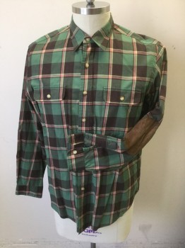 Mens, Casual Shirt, POLO RALPH LAUREN, Green, Brown, Salmon Pink, Beige, Cotton, Plaid, XL, Long Sleeve Button Front, Collar Attached, Brown Faux Suede Elbow Patches, 2 Pockets with Button Flap Closure