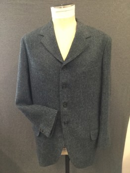 WESTERN CO, Black, Blue, Wool, Cotton, Herringbone, Tweed, Middle Class, Notched Lapel, 4 Button Single Breasted, Cutaway, 1 Welt Pocket, 2 Pockets with Flaps. Blue and Gray Stripe Cotton,