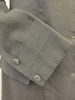 SIDENBERG & HAYS, Black, Wool, Synthetic, Solid, 4 Button Single Breasted, Notched Lapel, 2 Pockets with Flaps, 2 Button Detail on Cuffs. Sleeves Gathered to Cap, 2 Buttons at Double Vent at Center Back, Small Hole at Left Shoulder Back and Tear of Back of Sleeve,
