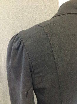 SIDENBERG & HAYS, Black, Wool, Synthetic, Solid, 4 Button Single Breasted, Notched Lapel, 2 Pockets with Flaps, 2 Button Detail on Cuffs. Sleeves Gathered to Cap, 2 Buttons at Double Vent at Center Back, Small Hole at Left Shoulder Back and Tear of Back of Sleeve,