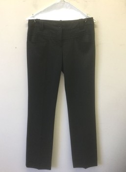 BCBG MAX AZRIA, Black, Wool, Spandex, Solid, Mid Rise, Low Yoke at Waist, Straight Leg, 4 Pockets with 2 Faux Welt Pockets at Hips, Double Belt Loops