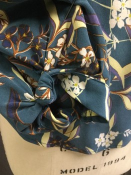 AMOUR VERT, Teal Green, Yellow, Purple, Navy Blue, Ecru, Silk, Floral, Leaves/Vines , Teal Green with Pale Yellow, Purple, Ecru, Blue,brown Floral/leaves Print, Round Neck,  Button Back 3/4 Sleeves with Self Tie Knot