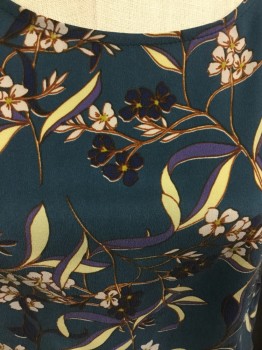 AMOUR VERT, Teal Green, Yellow, Purple, Navy Blue, Ecru, Silk, Floral, Leaves/Vines , Teal Green with Pale Yellow, Purple, Ecru, Blue,brown Floral/leaves Print, Round Neck,  Button Back 3/4 Sleeves with Self Tie Knot
