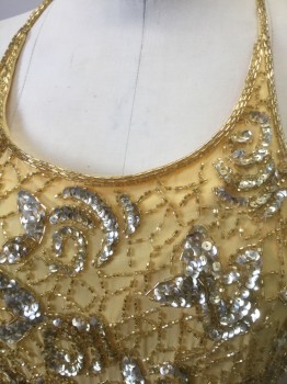 Womens, Cocktail Dress, INTERLUDE, Lt Yellow, Silver, Gold, Silk, Beaded, Abstract , 4, Light Marigold Yellow Chiffon, Spaghetti Straps, Bodice Has Gold Seed Beads and Silver Sequins in Abstract Pattern, Dropped Waist, Crossed Straps in Back **Chiffon Has Pulls/Wear on Skirt
