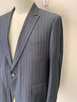 Mens, Suit, Jacket, ROSSI MAN, Gray, Lt Gray, Wool, Stripes - Pin, 48R, Single Breasted, Peaked Lapel, 1 Button, 3 Pockets, Gray Paisley Lining