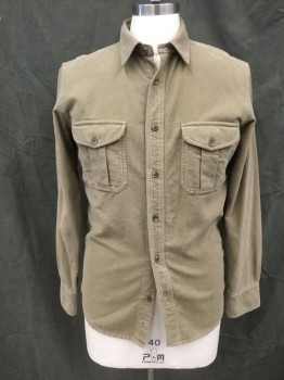 FILSON, Olive Green, Cotton, Solid, Flannel, Button Front, Collar Attached, Long Sleeves, Button Cuff, 2 Flap Pockets