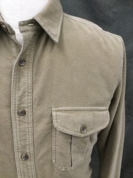 FILSON, Olive Green, Cotton, Solid, Flannel, Button Front, Collar Attached, Long Sleeves, Button Cuff, 2 Flap Pockets