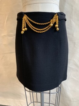 Womens, Skirt, Mini, MILLY, Black, Wool, Solid, 2, Crepe, 1.5" Waistband, Gold Multi Chain Draped Front, Side Zip