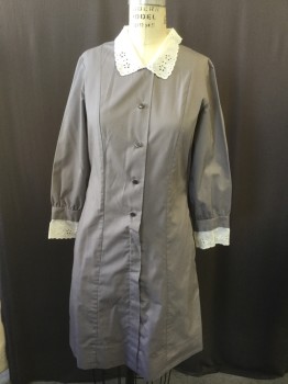 Womens, Waitress/Maid, WHITE SWAN , Gray, White, Cotton, Polyester, Solid, Sz.10, Contrast White Eyelet Collar And Cuffs, Long Sleeves, Button Front, Zip Front Below Waist, Knee Length