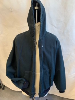 Mens, Casual Jacket, CARHARTT, Black, Cotton, Solid, 2XL, Hood Attached with D-string, Black Rough Texture Lining, Zip Front, Kangaroo Pockets, Ribbed Knit Black Long Sleeves Cuffs & Hem