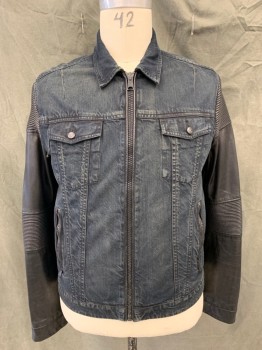 Mens, Jean Jacket, ROGUE STATE, Black, Cotton, Polyurethane, Solid, XL, Denim Body, Pleather Sleeves, Zip Front, Collar Attached, 4 Pockets, Sleeves Ribbed at Shoulders and Elbows, Zip Up Cuff